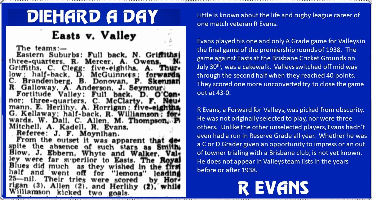 dga_ian's tweet photo. DIEHARD A DAY  - SUNDAY FOOTY DOUBLES - These two players are not related. They may have never even met.  The only things they have in common are that they played one A Grade game, in the same year, against the same opposition
DIEHARD A DAY  - G ROACH
DIEHARD A DAY - R EVANS https://t.co/AoNs9JLF4Y