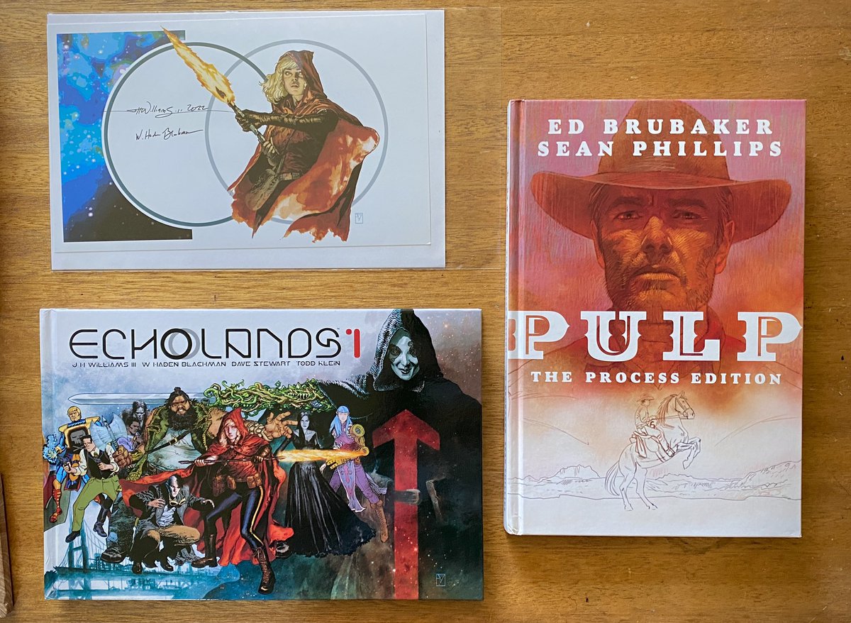 GrawlixTheCat's tweet photo. Most of this week’s pickup from @comicsconstore. So glad I splurged on those PULP and ECHOLANDS hardcovers. Both are magnificent! https://t.co/fAl0yavUh4