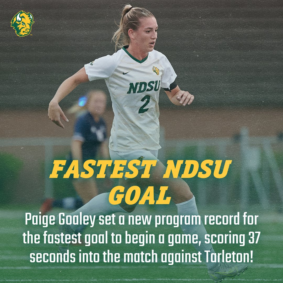 NDSUsoccer's tweet photo. ICYMI: In last night's opener, Paige Goaley's first career goal set a new program record for the fastest goal to begin a game, scoring 37 seconds in against Tarleton! The previous record was 39 seconds by Lisa Leach in October of 1997. #GoBison https://t.co/UXi5YYA1c5