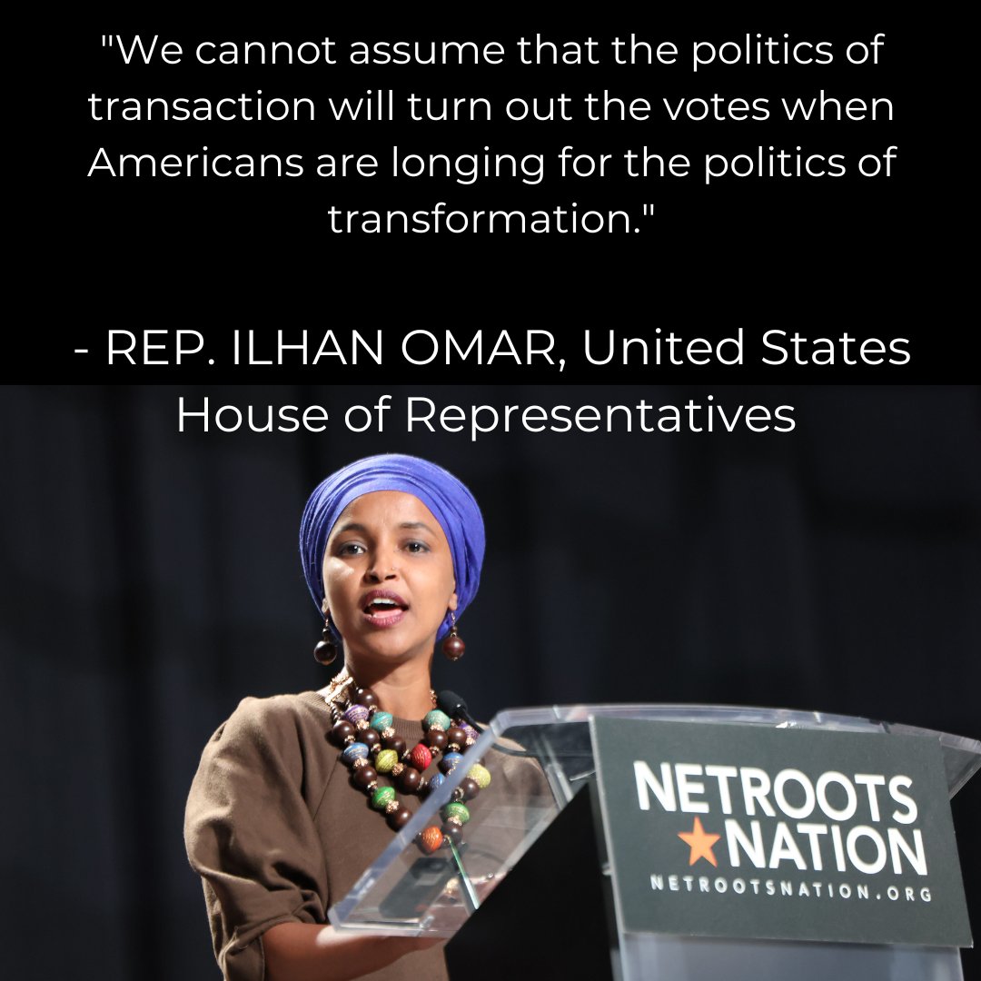 Rep. Ilhan Omar at the Netroots podium with the quote in the tweet text