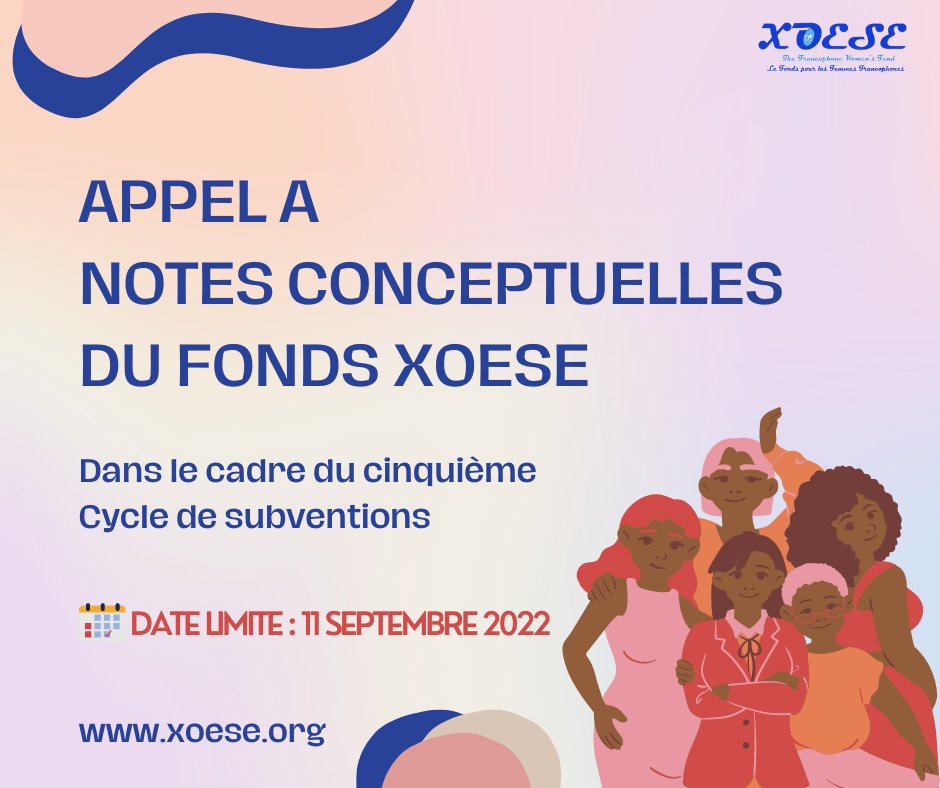 Vous êtes une organisation de femmes basée dans un pays francophone🌍? 
Vous êtes porteuse d’un projet visant à promouvoir les droits des femmes ? 

Postulez à l’Appel à notes conceptuelles de #XOESE 👇🏾👇🏾👇🏾
xoese.org/appel-a-notes-…

📅Avant le 11 septembre 2022