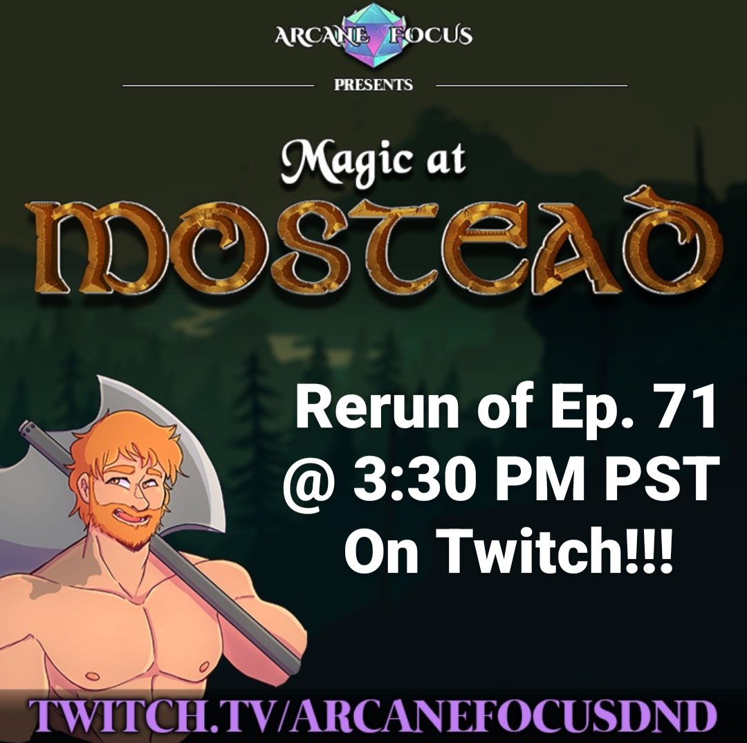 Come join us for rerun today of our adventures in Ep. 71 on <a href="/twitch/">Twitch</a> !

<a href="/mikeogame/">Mike Ortiz</a>
<a href="/silversphinx/">Harish Suryanarayana</a>
@Black_Cat_Mama
<a href="/MegabitSteve/">MegabitSteve</a>

Twitch:twitch.tv/arcanefocusdnd…

#dndcommunity #dndcharacters #dnd #dndcampaign #dndstreamer #dnd5e #magicatmostead #twitch #foundry 
#STREAM