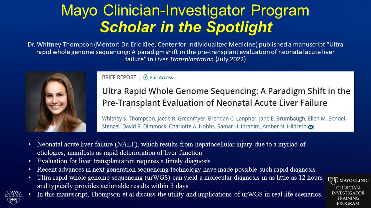 MayoCITProgram's tweet photo. Hot off the press!
Dr. Whitney Thompson, MD, MPhil, one of our CI trainees, published on the role of ultra rapid Whole Genome Sequencing in managing Neonatal Acute Liver Failure.
Fantastic job! ππ @drwsthompson
#MedTwitter #MayoCITP #MayoClinic
https://t.co/7cuwcjno5t https://t.co/yW8mcTEvQb