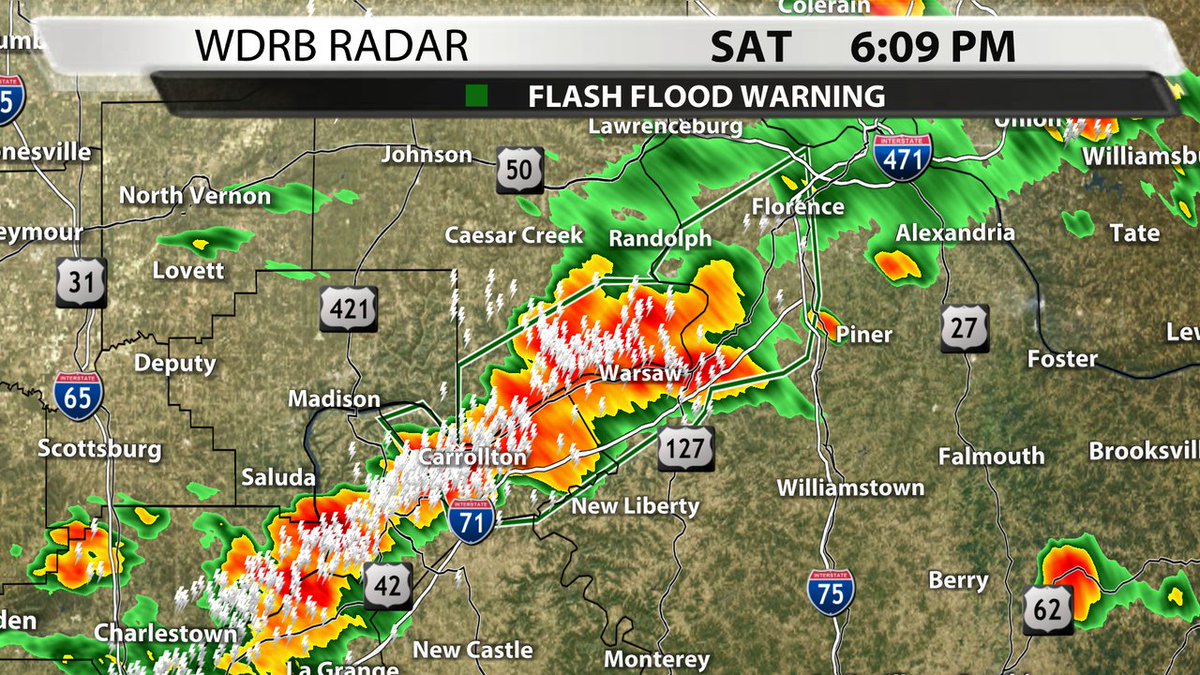 A Flash Flood Warning has been issued for Boone, Carroll, Switzerland, Gallatin Co. until 8/20 9:15PM EDT. Avoid all flooded roads! Tune to WDRB or go to our interactive radar at wdrb.com/weather.