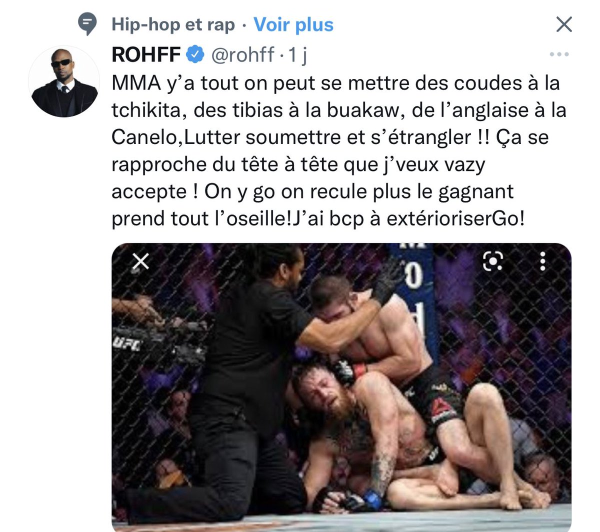 ango_mba's tweet photo. @rohff tu as proposé la boxe Anglaise @booba a accepté. Maintenant tu changes, tu dis le MMA. Dés qu’il va accepter tu vas proposer quoi le twerk 😂?? https://t.co/zSJCwoQbvo