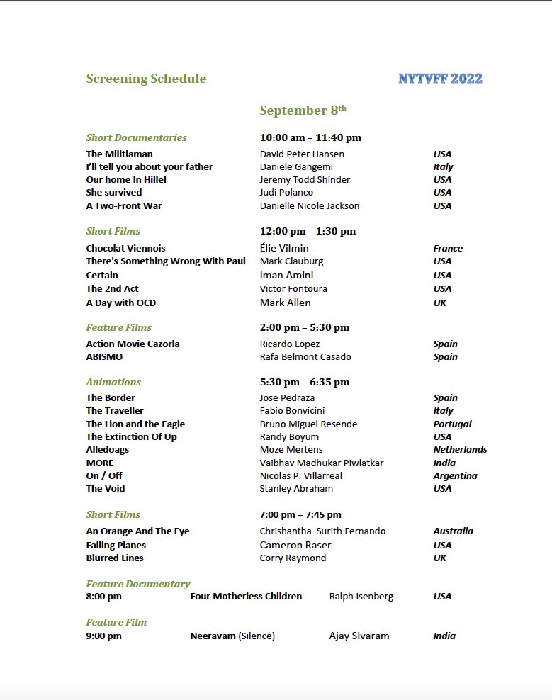 nytvff's tweet photo. Congratulations
 to all selected projects at New York True Venture Film Festival 2022!
Here is the screening schedule that will be held from September 7th to the 9th at Producers Club Theaters &amp; Bar ( 358 44th Street, Manhattan, NY )
Tickets link: https://t.co/xhrusQ7eSf https://t.co/V6evBIChUJ