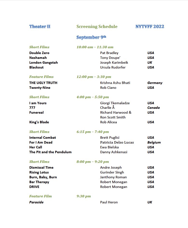 Congratulations
 to all selected projects at New York True Venture Film Festival 2022!
Here is the screening schedule that will be held from September 7th to the 9th at Producers Club Theaters &amp; Bar ( 358 44th Street, Manhattan, NY )
Tickets link: filmfreeway.com/NYTVFF/tickets