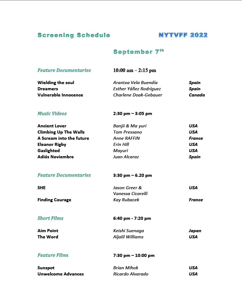 nytvff's tweet photo. Congratulations
 to all selected projects at New York True Venture Film Festival 2022!
Here is the screening schedule that will be held from September 7th to the 9th at Producers Club Theaters &amp; Bar ( 358 44th Street, Manhattan, NY )
Tickets link: https://t.co/xhrusQ7eSf https://t.co/V6evBIChUJ