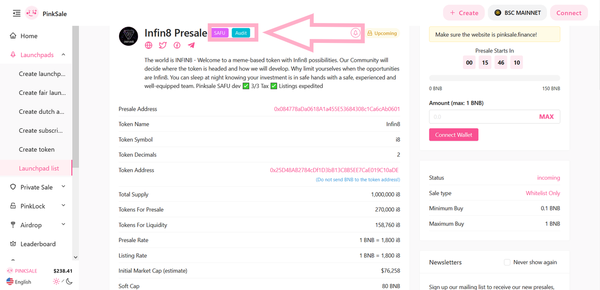 pinkecosystem's tweet image. 👉 It's with pride we announce @Infin8token has successful obtained a #Safu badge from Pinksale. 

🔥 In order to gain a Safu badge, projects must work closely with Pinksale developers. 

🚀 Check them out below:

pinksale.finance/launchpad/0x08…

#ThinkBig #RaiseBig #BeBig #BePinkSale