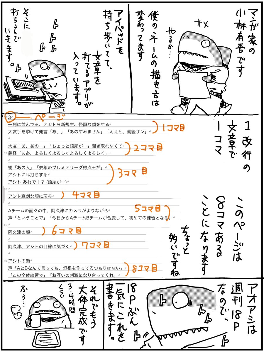 漫画 アオアシ の作者小林有吾先生が独特なネームの描き方を自ら漫画で紹介 文字で読ませるは目から鱗でした Togetter