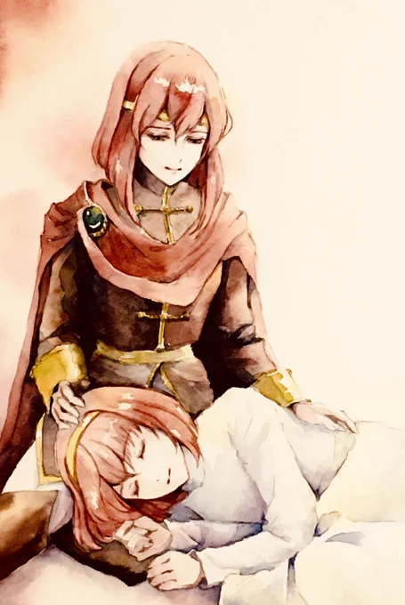 ミネルバ姉様の膝の上で甘えるマリア。ディールで再会した後です #FireEmblem #Watercolor 