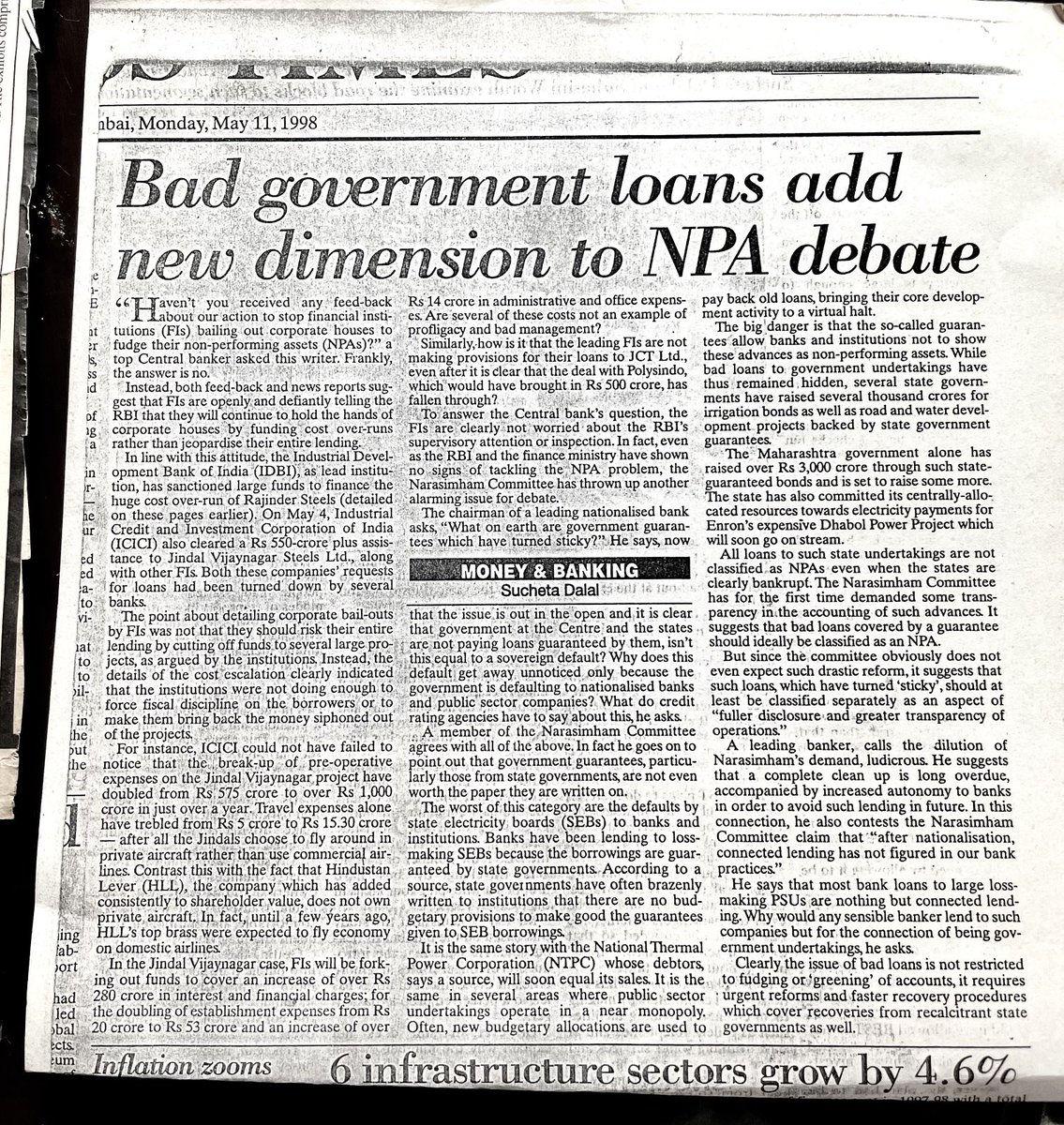 suchetadalal's tweet photo. 1998 May. Now count on your fingers and toes how Bad loans have been ignored by various ⁦@RBI⁩ governors&amp; govts. Yes. I kept writing. Nothing happened. Many companies mentioned vanished 100% other loans added a few zeros! 😡😡 https://t.co/Dtug2BMKLl