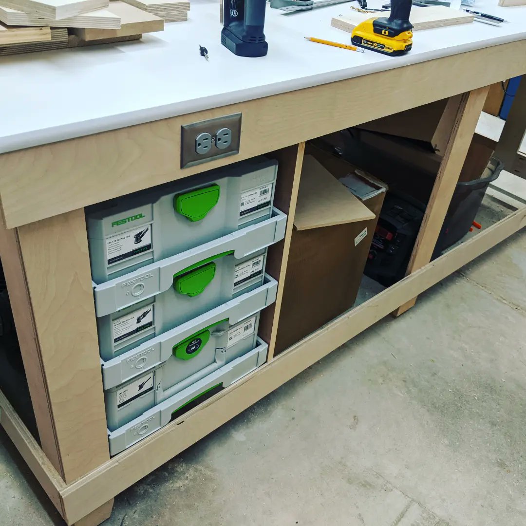 Started building this #woodworking #bench almost two years ago.  Always pictured putting my Festool  #systainers in their drawers under the bench.  Finally got the first of three drawers installed!  Only two left in the box, need to ten more to finish.  #woodshop #shopproject