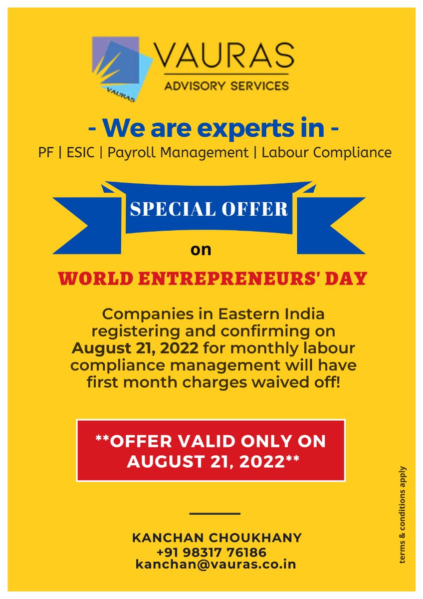 Are you busy in developing your product/ offering to scale or taking care of your customers & do not have time to look into your compliances ? This #WorldEntrepreneursDay here's an exciting offer your company may want to explore!! #PF #ESIC #payrollmanagement #labourcompliance
