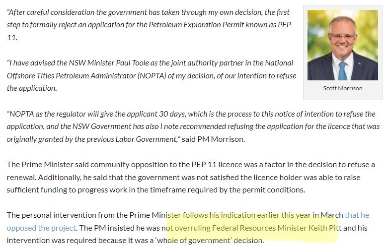 VoicesWentworth's tweet photo. In 2021 VoW campaigned against PEP11. 
We now know the decision to shut PEP11 down was made by Morrison acting as secret Minister.  
But when did he make this decision? 
This 16 Dec 21 article says it was 'my own decision' but PM did 'not overrule' Pitt
https://t.co/ZiWOljhQGr https://t.co/ZhIdBVv6Rv