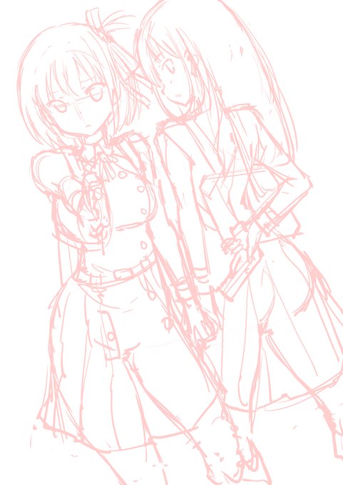 夕方まで時間あるのでリコリコ描きます～というわけでラフ描いた。うんこバニーと銃構えてるやつです。レッグホルスターでばにーさん描きたかった! 