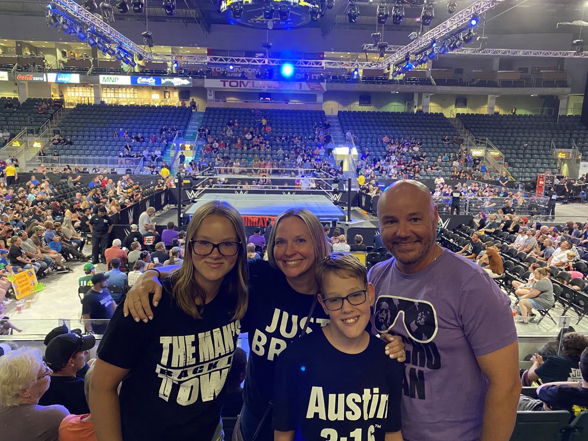 RealRobMcDonald's tweet photo. The fam is pumped and ready for the start of Saturday Night’s Main Event in Kingston!!!!  @wwe #wwekingston https://t.co/b02noNWiLs