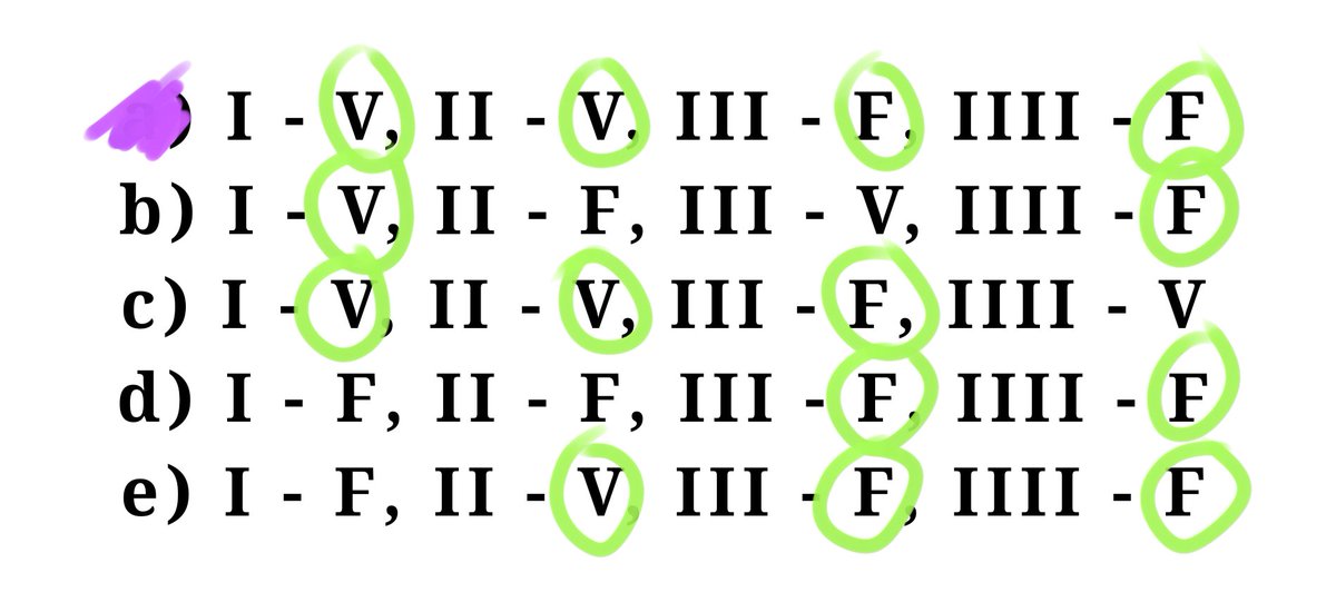 sungiecode's tweet image. as q tem tipo "observe as 5 afirmações e diga se é verdadeiro ou falso" aí tem as alternativas tipo

a) v, f, v, f, f

ai eu vejo cada afirmativa, se tiver mais verdadeiro, eu círculo eles, se tive mais falso, círculo eles, a alternativa q tiver tudo circulado é a certa
