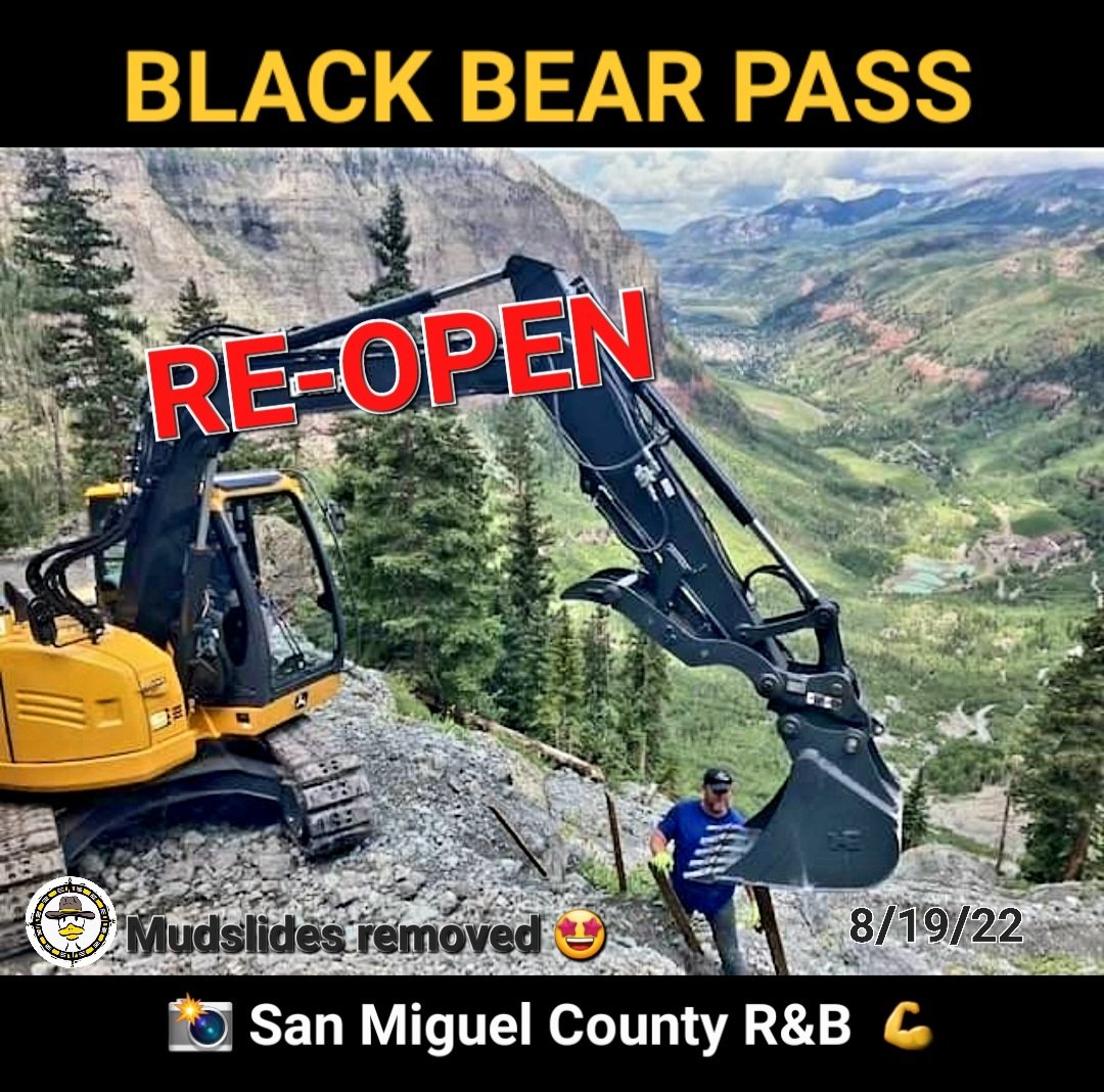 Bushducks's tweet image. CO PASS Page Update 8/19/22: Black Bear Pass REOPENS 🥰  following removal of several mudslides closing the trail last week on the stairway/switchback one-way section. San Miguel Co R&amp;amp;B crew to the rescue again! 👏👏  Proceed with the usual BBP caution. bushducks.com/tripreps/passo…