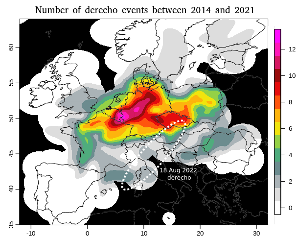 Some additional perspective to 18 Aug derecho:
1. A radar-derived frequency of QLCS events of class derecho (yet unpublished research by @ArturStormPL, @NataliaPilguj et al.) shows that this event occurred in the area where derechoes were generally uncommon since 2014. #wxtwitter https://t.co/WDOuuUoflW