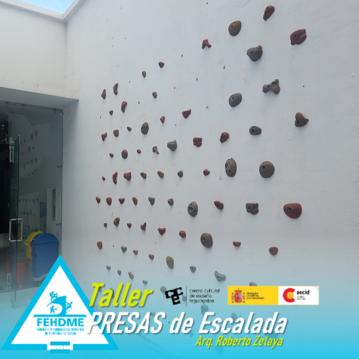 FEHDME's tweet photo. Se culmina 3ra parte del Taller de Presas de Escalada, con la Instalación en uno de los muros del Centro Cultural de España en Tegucigalpa 🇪🇸🇭🇳🧗‍♀️
Próximamente, en el mes de septiembre y subsiguientes continuamos con talleres básicos de escalada para niños en el @CCETegucigalpa https://t.co/IpfD7B5BEf