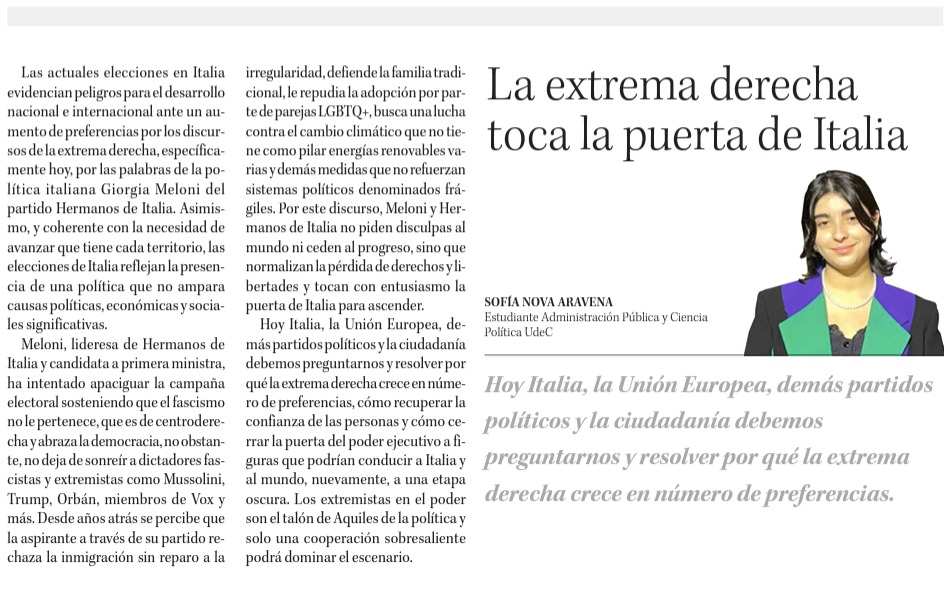 #Prensa 📰 | Compartimos la columna de Sofía Nova, ayudante del @peeudec sobre las próximas elecciones generales en Italia 🇮🇹, publicada en @DiarioConce.