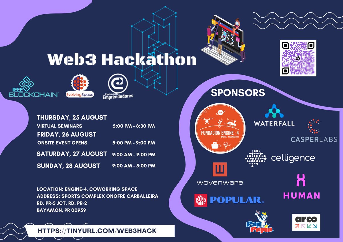 Evolving_Space's tweet photo. The 1st ever Web3 Hackathon in PR 🇵🇷! $15,000 in prizes for development teams.

You don't need to compete to come learn about these new technologies and local opportunities.

Share this with your friends!

Register here:
https://t.co/NN92dVkQPH https://t.co/A7HloKdvrf