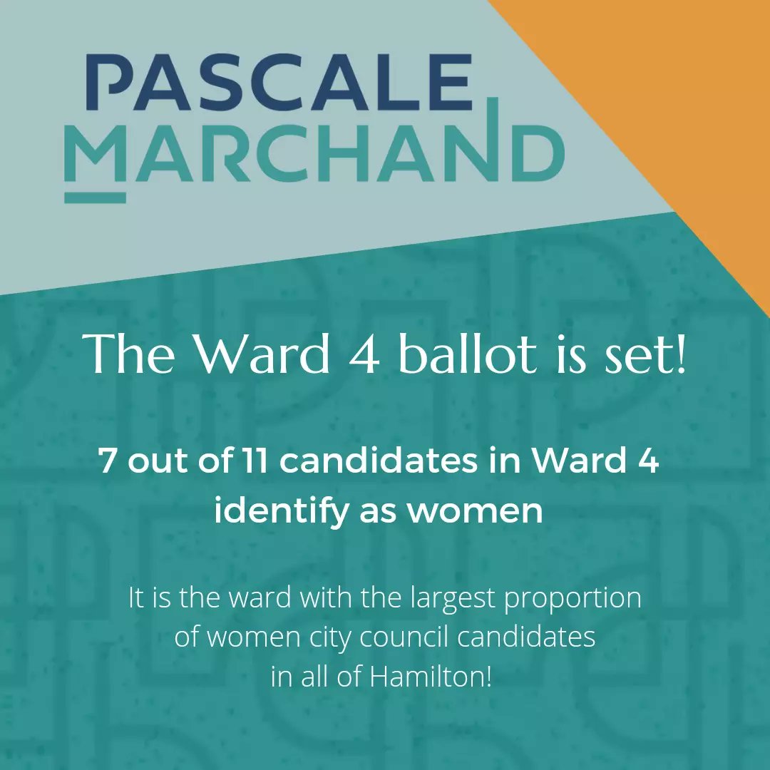 PascaleWard4's tweet photo. It is with great excitement that I share the ballot with 6 other women for a seat as Ward 4 City Councillor. This level of representation on the ballot energizes me.
A quarter of nominated women candidates for city council are in #Ward4.
#TakeSpace #PascaleWard4 https://t.co/NFSZsU4oW9