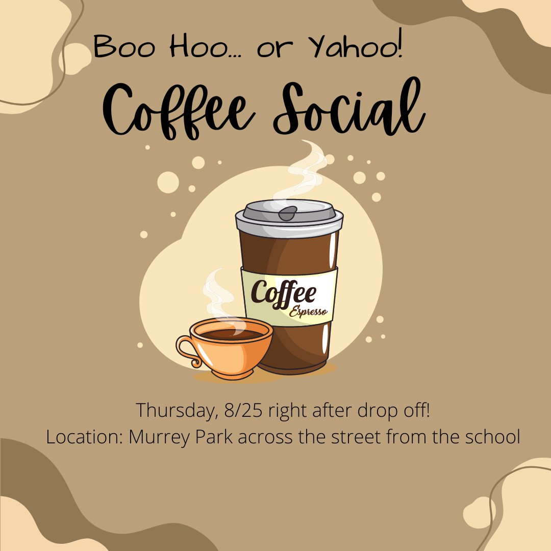 Don't forget to stop by the PTA's coffee social at Murrey Park after drop off on the first day of school! There will be free coffee and treats to enjoy! If you'd like to help out the sign up genius is: signupgenius.com/go/10c0e49abae… #LRElem @LittleRiverLCPS