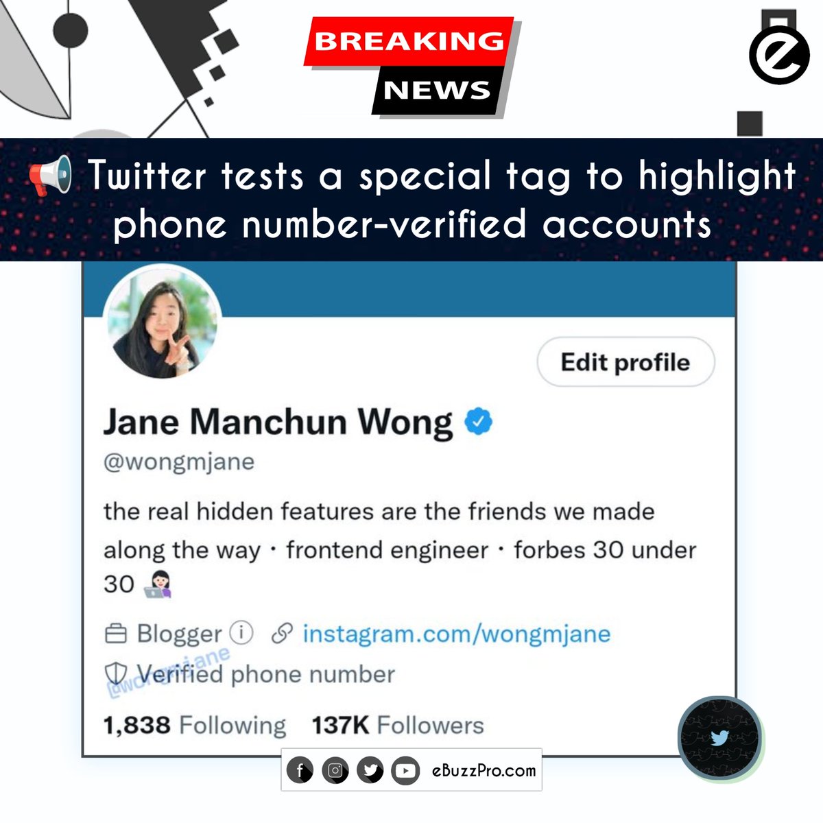 ebuzzprocom's tweet photo. 📢 Twitter tests a special tag to highlight phone number-verified accounts.
#Twitter #Twitterversary #twitterbot #TwitterTag https://t.co/cOIifShxE6