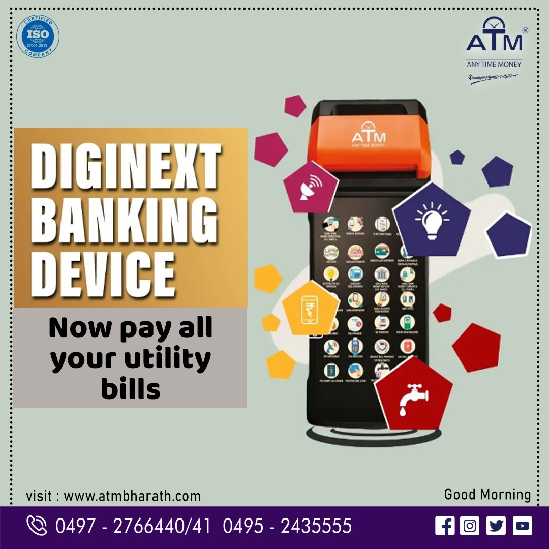 Anytimemoneyltd's tweet photo. NOW PAY ALL YOUR UTILITY BILL PAYMENTS THROUGH DIGINEXT BANKING DEVICE. Book your device now itself. customercare@atmbharath.com
https://t.co/bD0eKVRlzd 

#diginextbankingdevice #bbps #pos #microatm #dmts #doorstepdelivery #doorstep #fintech #mtss #financialservices #franchise https://t.co/zJQpAiAwVH