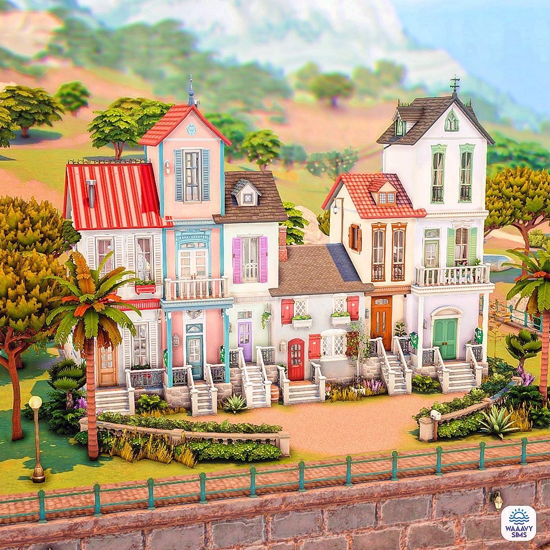 waaavysims's tweet photo. Hiiii!! I’m back from my break with another #ArtToBuild! Inspo art by Mo’s Digital Pencil🎨 Each townhome is fully furnished with kitchen, bedroom, and bath. Will post interiors soon! @TheSims #ShowUsYourBuilds #TS4 https://t.co/s3g8a1xGJG