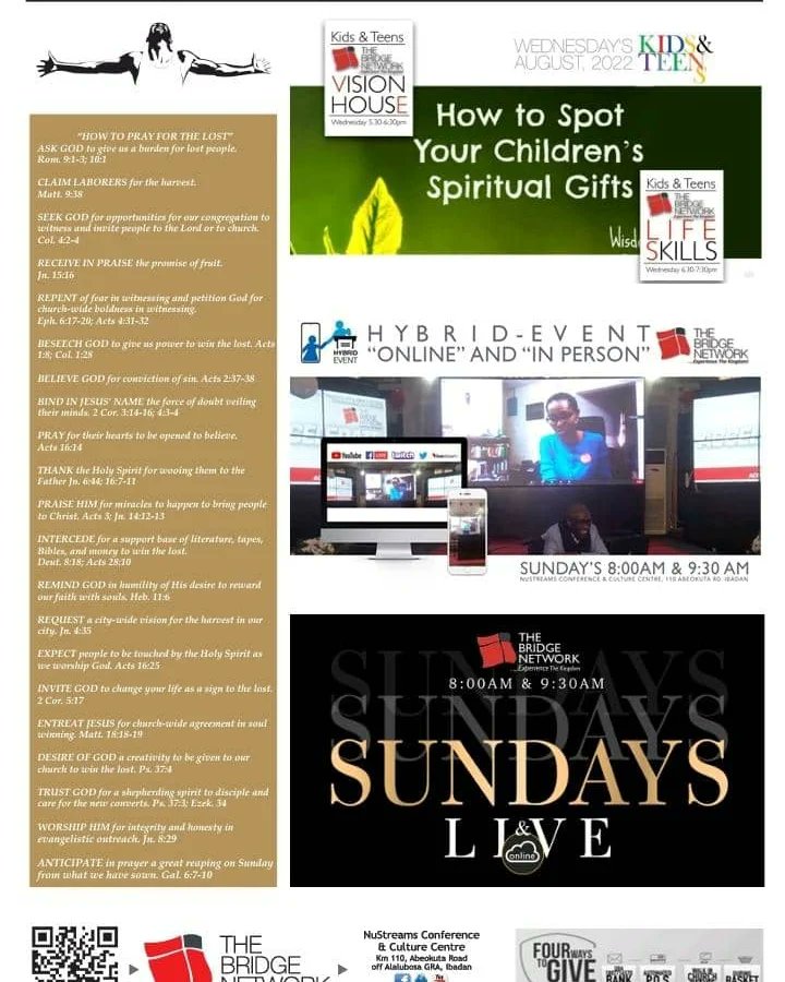 DBridgeNetwork's tweet photo. @FrancisMadojemu @seunopadare @okuyiga_olumide @AkoffeJ @JoshuaOyesola @betaservio @femiagba07 @UnclesamTBN @Shetecomedian @fellowboy2004 The Bridge Network Bulletin 21st August 2022. Do have a great Sunday & a great week ahead
#TBN #OutstandingLife&ServiceTransformingOurWorld https://t.co/dNiWueb4VM