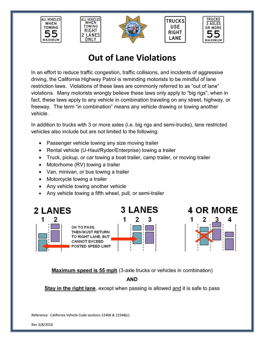Did You know if you are towing a vehicle or driving a motor truck or truck tractor with three or more axles your are restricted to 55 MPH in California?  In addition to the lower speed limit, you are also restricted to certain lanes.