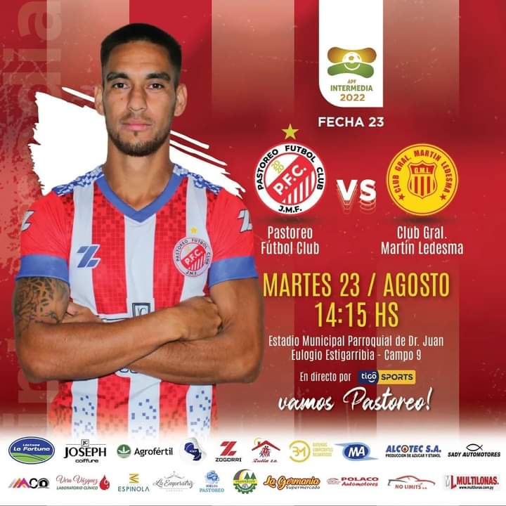 Por la Fecha 23, recibimos al Club Gral. Martin Ledesma el día Martes 23/08 a las 14.15 hs. en el Estadio Municipal de Campo 9.
Acompañemos al equipo.
Vamos Pastoreo 🇦🇹⚽️🙏💪
#intermedia