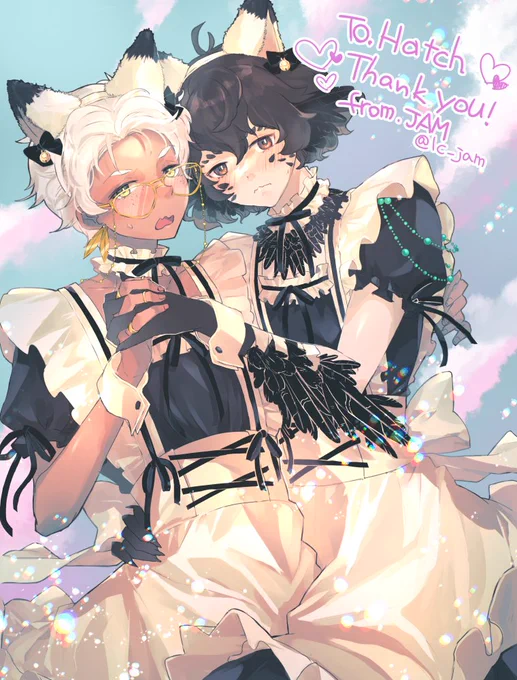 ハッチくんとゼウスくんの猫耳メイド服姿を描かせていただきましたこれぞ私の真骨頂!!描いててとても楽しかったです#Vtuber #ENVtuber 