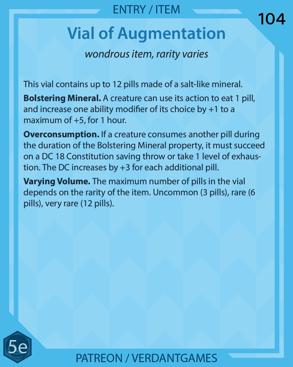 verdantgames5e's tweet photo. Vial of Augmentation

These vitamins can briefly increase your ability modifiers

art by @ossocavo

#foregonecompendium #dnd #dnd5e #dndhomebrew #homebrew #dndspells #5espells #ttrpg #ttrpgfamily #d20 https://t.co/H19taXeoiQ