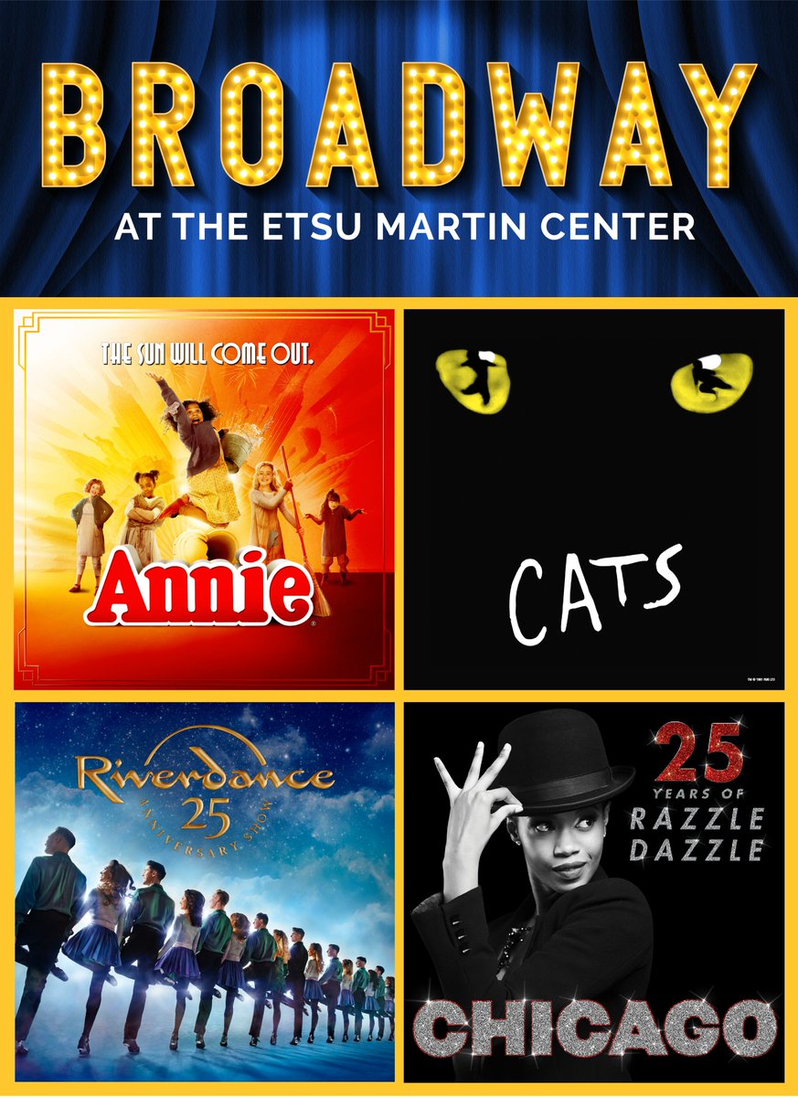 JUST ANNOUNCED! The ETSU Martin Center is proud to bring Broadway to Johnson City!

Mark your calendars! Season tickets are on sale starting August 25!

Visit ETSUMartinCenter.org to view our full season brochure!
