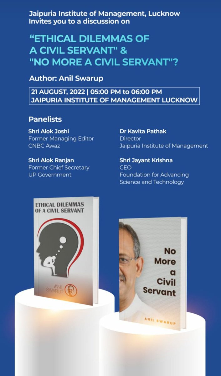 swarup58's tweet photo. Discussion on books, "No More A Civil Servant" and " Ethical Dilemmas of a Civil Servant" will be webcast on Zoom at the following link from 5 pm today. Those interested can watch.
https://t.co/owYQR5adSN https://t.co/8ehcncREEe
