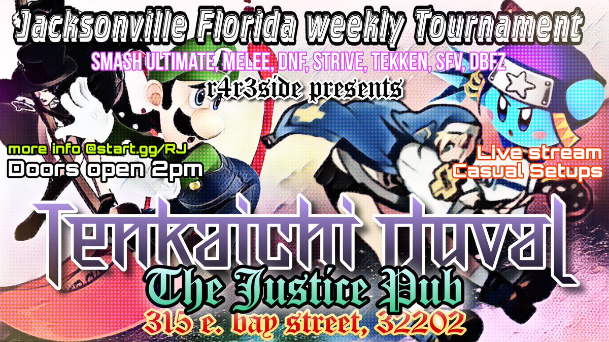 R4R3side's tweet photo. Sign-ups are still live for the weekly Sunday Tournament at The Justicr Pub! See you guys tomorrow! https://t.co/GMyi3GueQr #jaxfgc #jaxsmash #floridasmash https://t.co/AlmWthj6wQ