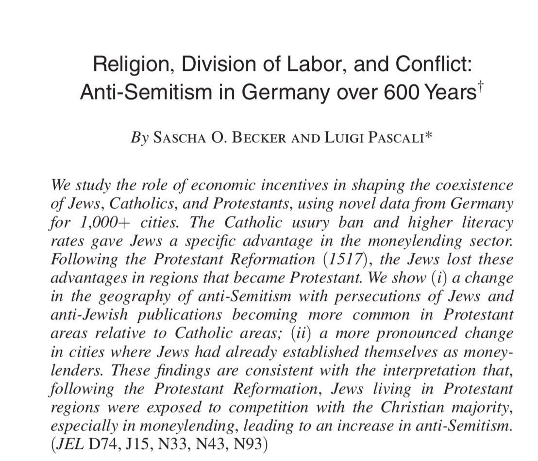 emollick's tweet photo. This paper finds antisemitism was fueled by business after the Reformation. Catholic areas needed Jewish lenders as usury laws limited lending. Protestantism allowed loans. Bankers in Protestant areas, seeing Jews as competitors, fanned hatred &amp; expulsions https://t.co/CRjmH2rByV https://t.co/QTi5kQkEBD