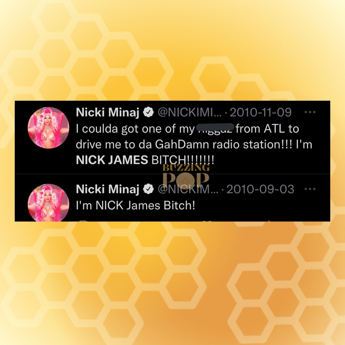 BuzzingPop's tweet photo. Fans discover decade-old tweets about @NickiMinaj manifesting her now alter-ego, Nick James. https://t.co/HIxg0VtuGb