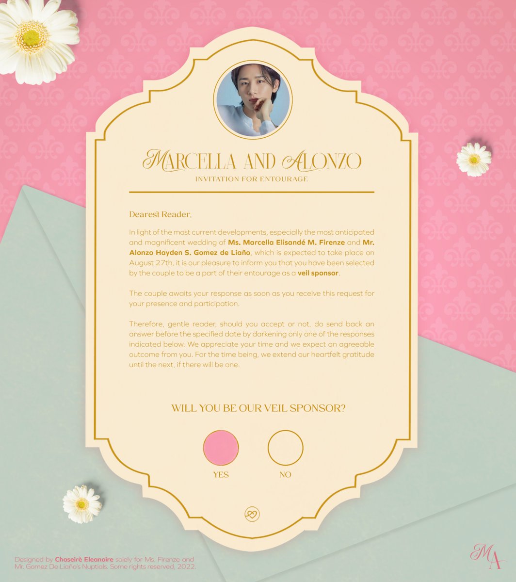 ㅤ

I, Ceres Nikholai, am more than willing to partake in writing the new chapter of Marcella and Alonzo's Anthology of Love, as their Veil Sponsor. ㅤ

ㅤ