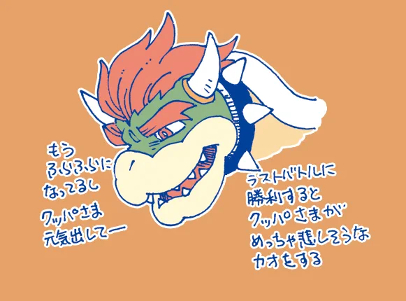 ラストバトルに勝つと
クッパ様がすごいフラフラで
めちゃくちゃ悲しそうだしで
心が苦しくなる。

っていうか普通に
マグマの中に落ちていくから
もう始終クッパ様が心配で
仕方なかった。

セリフは実際の内容とは
若干異なってます。

 #2022年ふうりんの旅 