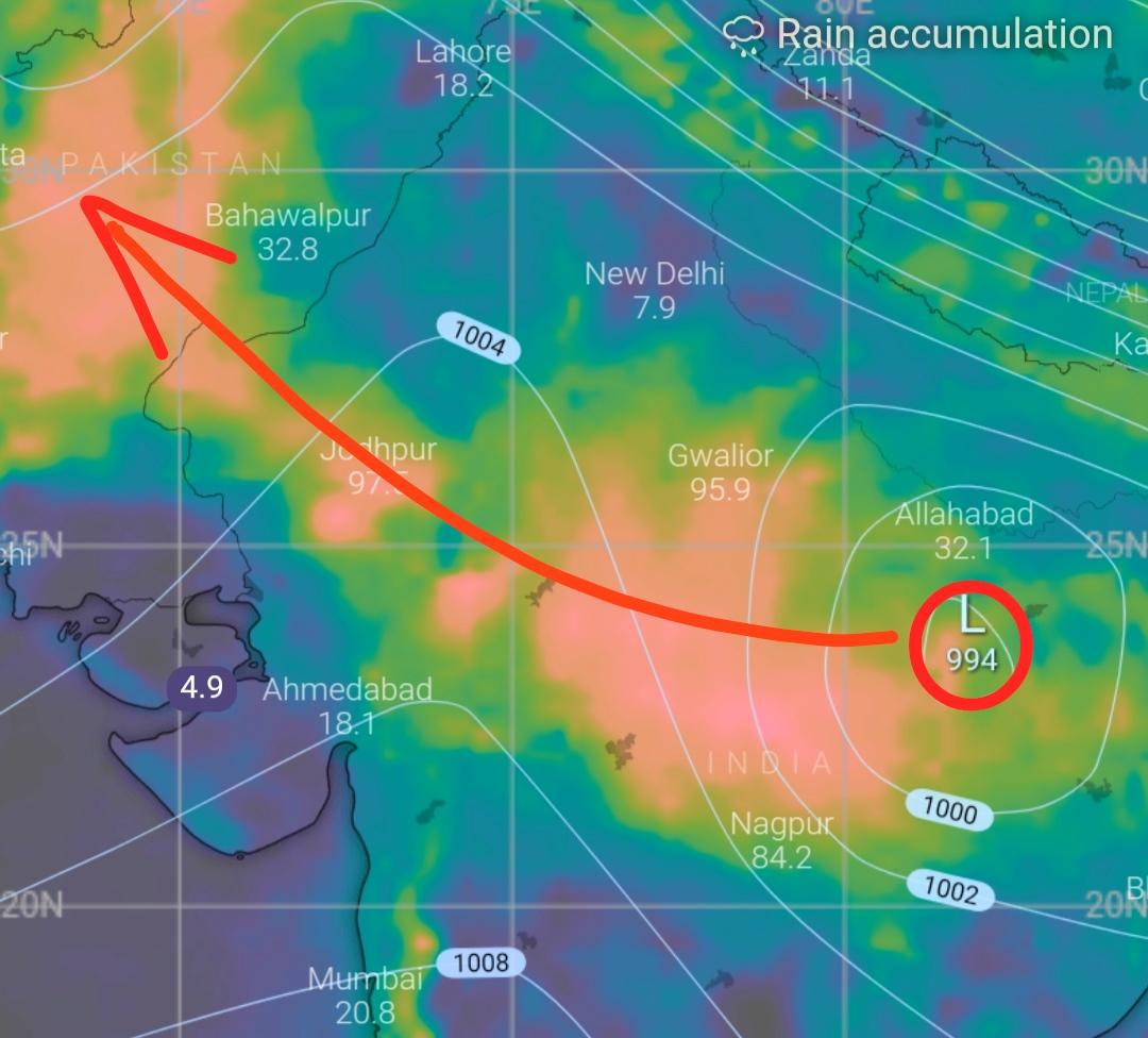 KananRanjit's tweet photo. #WeatherForecast
#Deep_depression now over #MadhyaPradesh moving nearly W-NW and weaken in #WML in next days. The low will bring #HeavyRains & at some places risk of #flooding in #MadhyaPradesh #Rajasthan & later into #Pakistan..
Rain accu..ECMWF 9Km Image, https://t.co/feFgOE9LdG