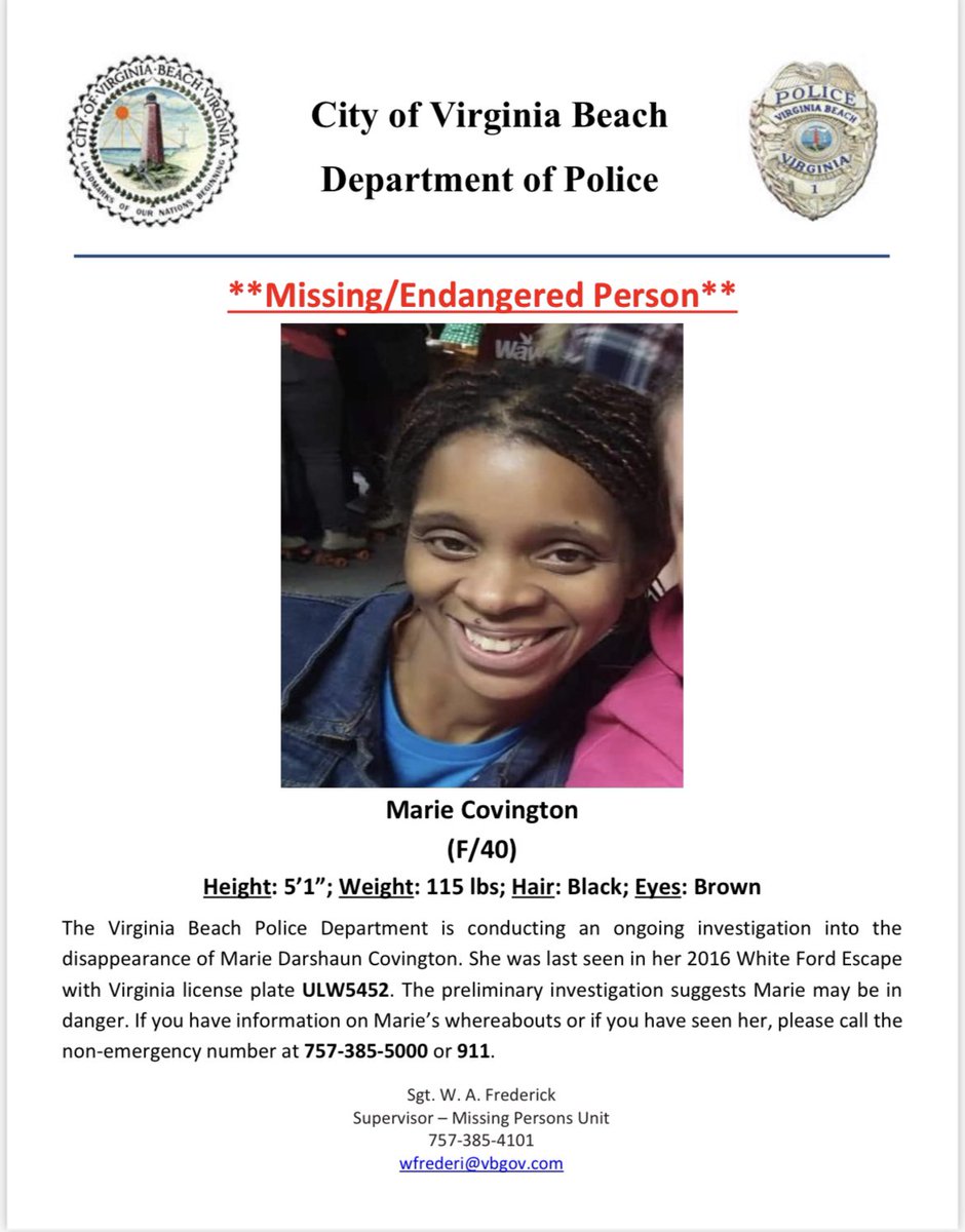 VBPD's tweet photo. Please notify VBPD if you have any information on Marie Covington’s whereabouts. https://t.co/ZzDx5FA9Zy