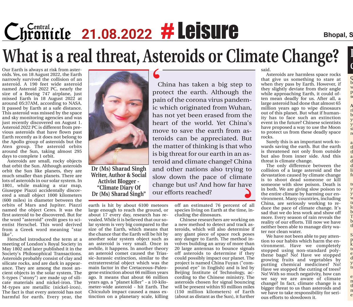 MissSharadSingh's tweet image. Article |  What is a real threat, Asteroids or Climate Change? | Dr (Ms) Sharad Singh | Central Chronicle 
Read it in my Blog -
sharadakshara.blogspot.com/2022/08/articl…
In my Facebook -
m.facebook.com/story.php?stor…

#climatechange  #MyClimateDiary 
#KnowYourClimate 
#UNClimateChange 
#savetheearth