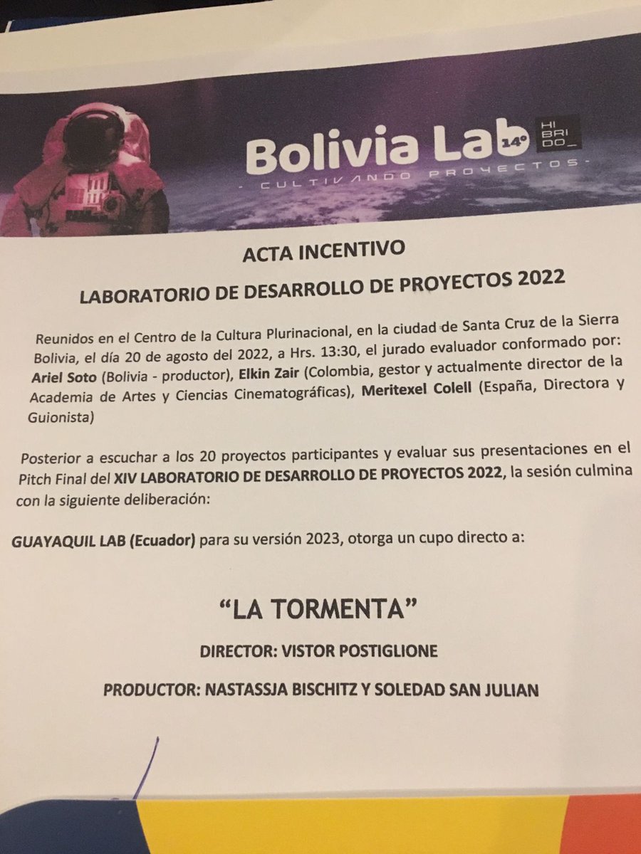 victor_post's tweet photo. Terminó el Festival de Cine "Bolivia Lab" donde mi proyecto "La Tormenta" estaba compitiendo, y tuvimos el Honor de ser galardonados! Seguimos de Festivales! #CineArgentino #Cine #Film #BoliviaLab #Festival https://t.co/yNzOvutymQ
