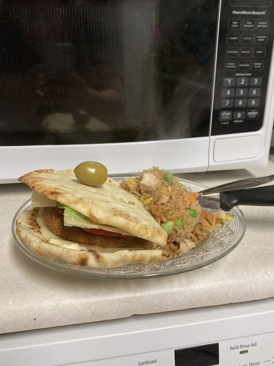 Smokey_Necko's tweet photo. Cooked supper tonight for mom and I! Naan bread, chicken, lettuce,  tomato, and cheese sandwich with fried rice. Look at that steam 🤤
.
.
.
#supper #chickensandwich #naanbread #friedrice #formom https://t.co/5iDEF7ZkVq