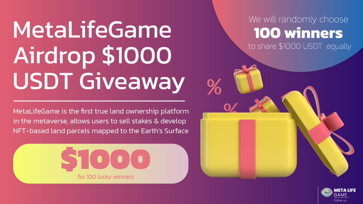 _Metalifegame_'s tweet photo. MetaLifeGame Inaugural Celebration AirDrop

Total Airdrop Prize Pool $1000

We will pick 100 random winners to get $10USDT each

💎Don't MISS this fantastic opportunity to win the prizes! 💎
Join our gleam campaign to become one of the lucky WINNERS!!!

Check Below Thread:- https://t.co/I5W96SYckk